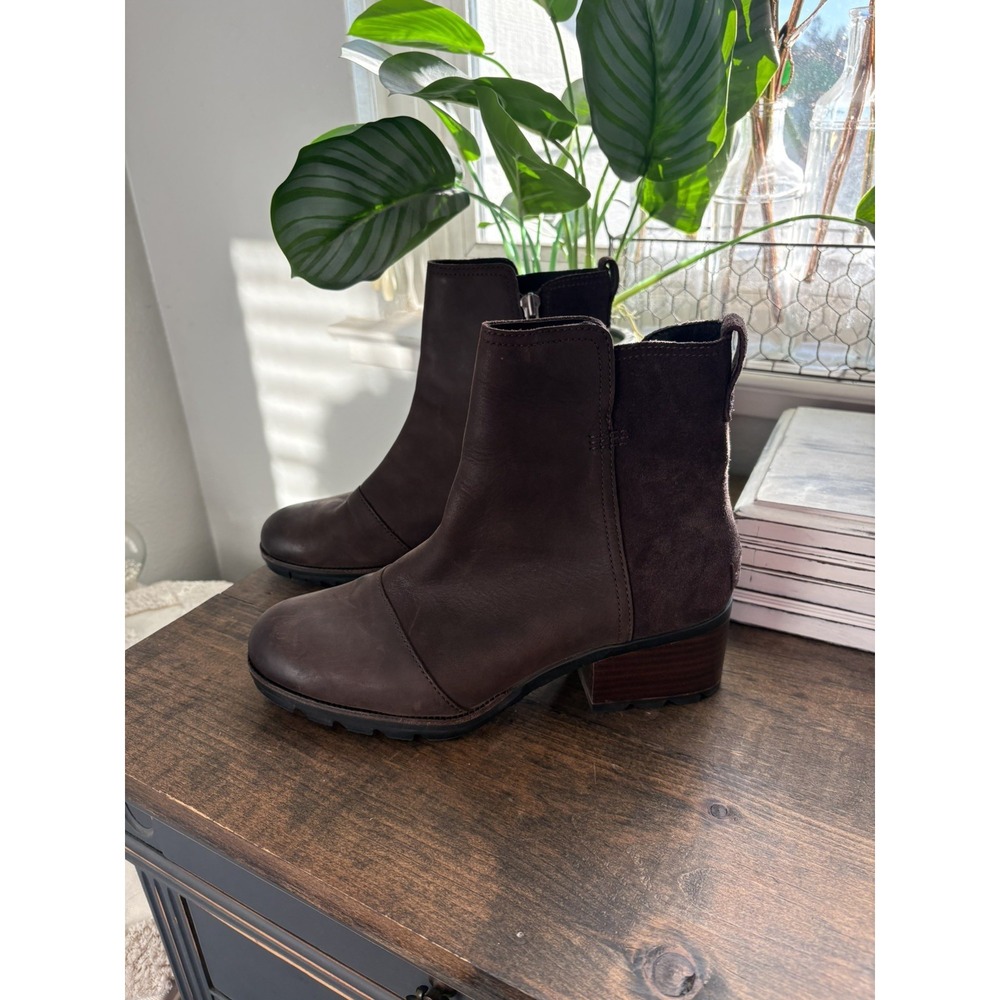Sorel Boots Womens Size 8.5 Cate Chocolate Brown Leather/Suede Zip Block Heel - Picture 2 of 15